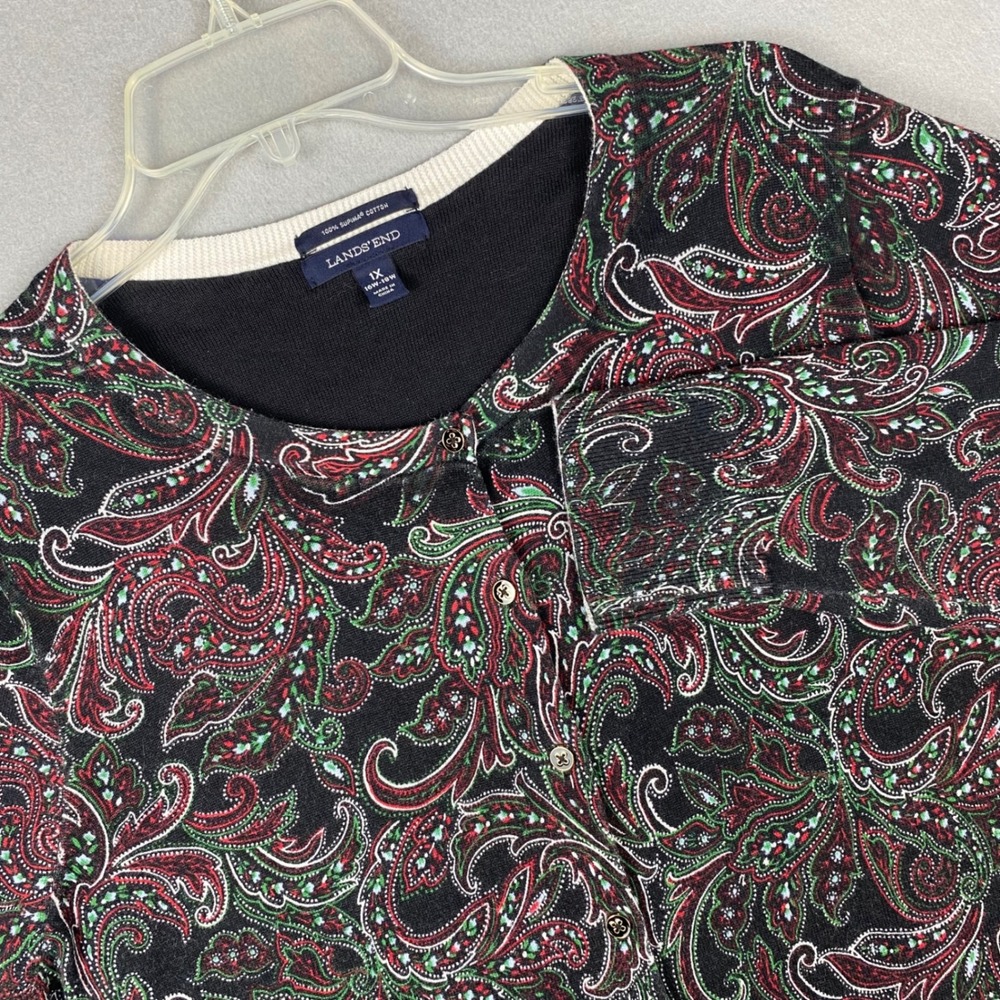 Lands End Womens 1X Cardigan Sweater Black Red Paisley Supima Cotton Cottagecore